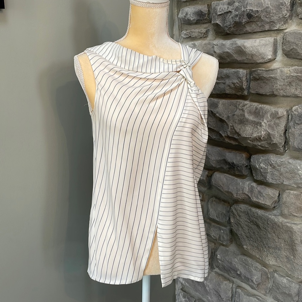 Sleeveless White Pinstripe Knot-Neck Top